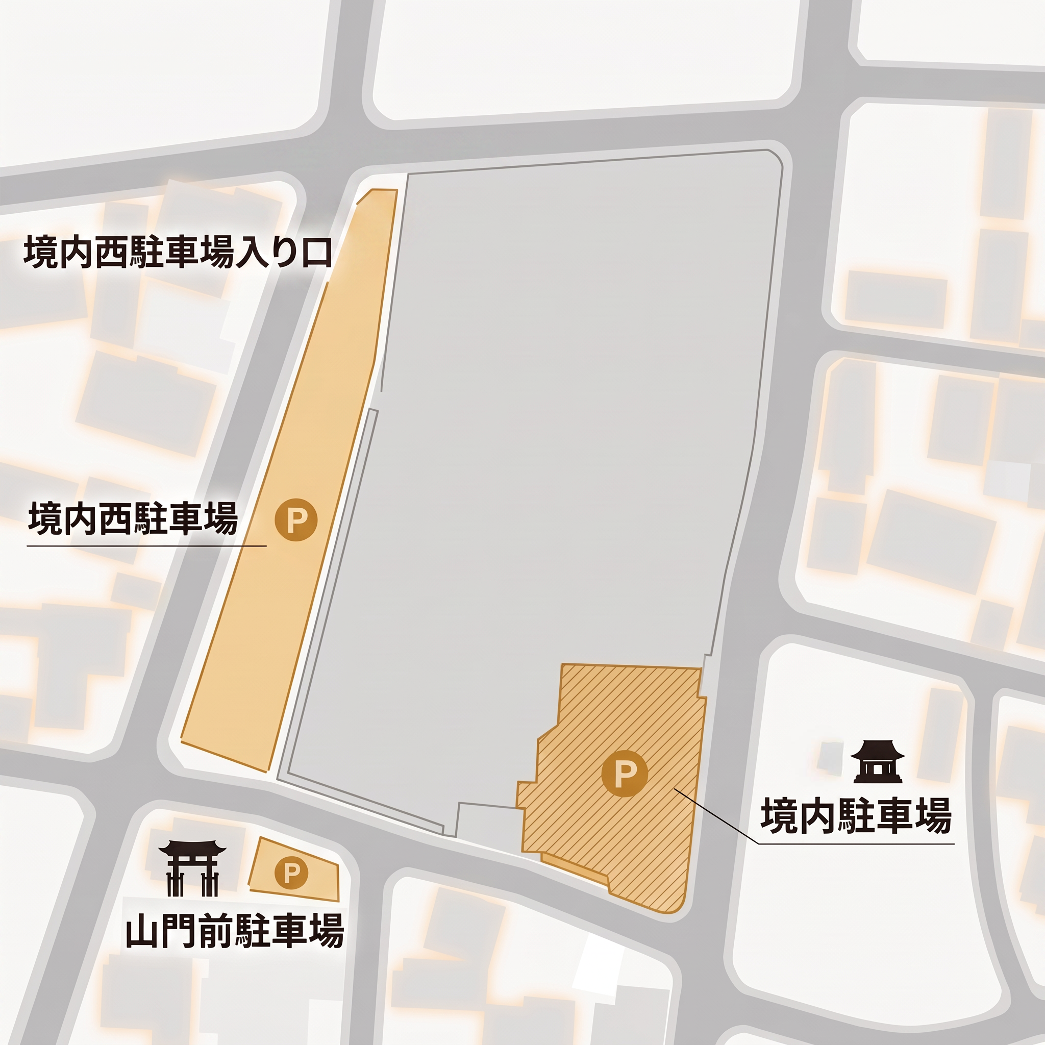 永弘院の駐車場案内図。境内西駐車場、境内駐車場、山門前駐車場の位置